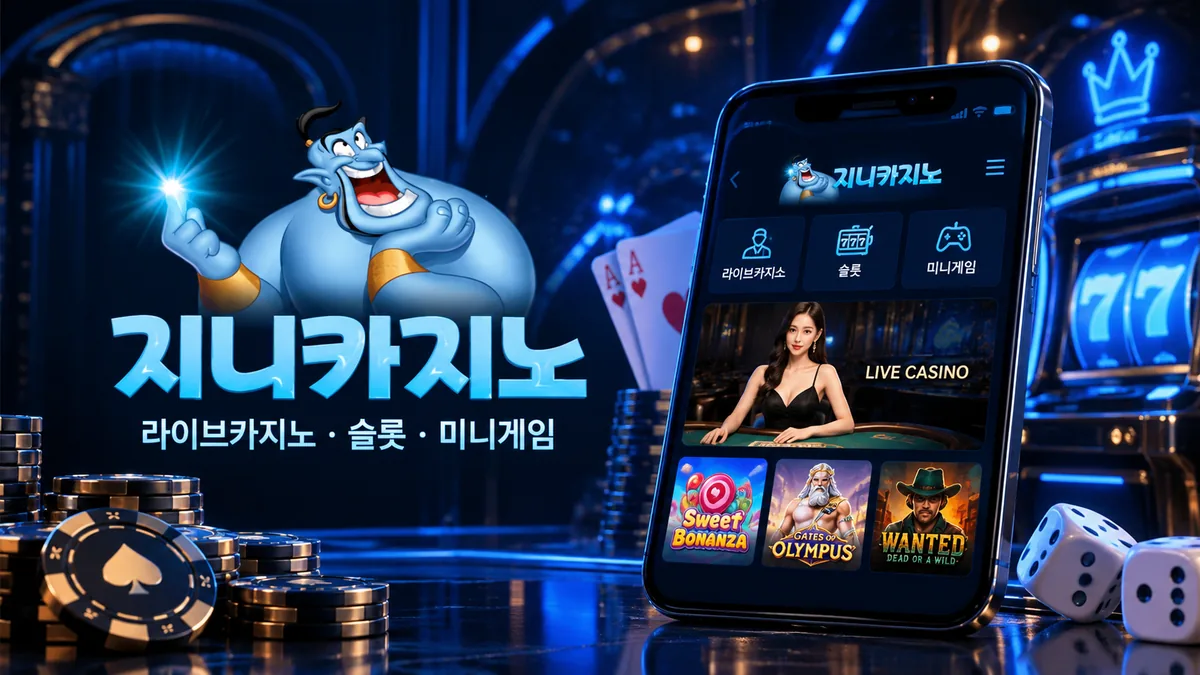 스마트폰 화면에 표시된 지니카지노 모바일 버전의 라이브카지노와 슬롯 메뉴